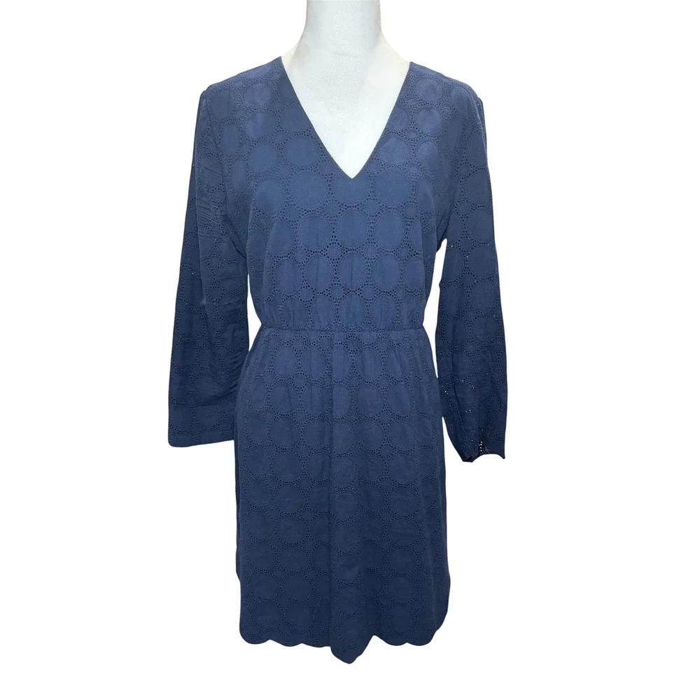 J.Crew Navy Blue Eyelet‎ Cotton Mini Dress 12 V-Neck Long Sleeve Lined Scallop